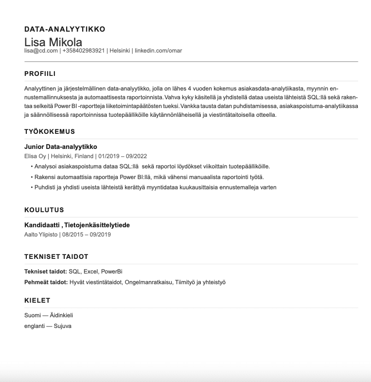 ATS-yhteensopiva CV-pohja esimerkki — yksipalstainen selkeä ansioluettelo