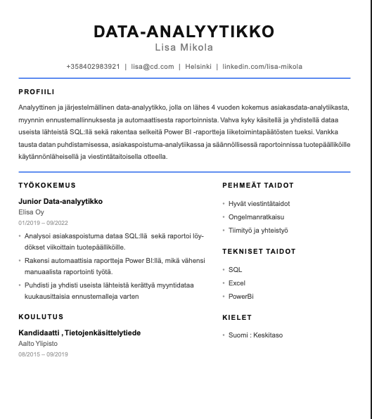 Visuaalinen CV-pohja esimerkki — kaksipalstainen ammattimainen ansioluettelo